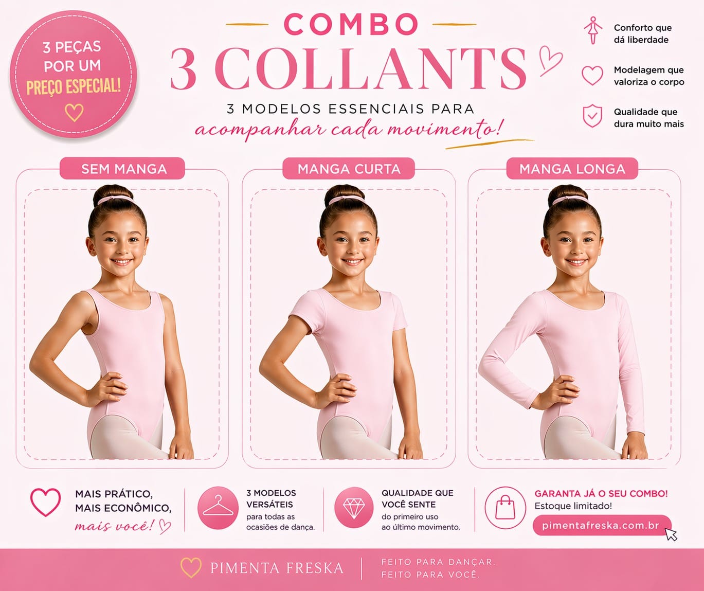 Combo 3 Collants Infantil para Dança – Regata, Manga Curta e Longa | Suplex Forrado | Diversas Cores
